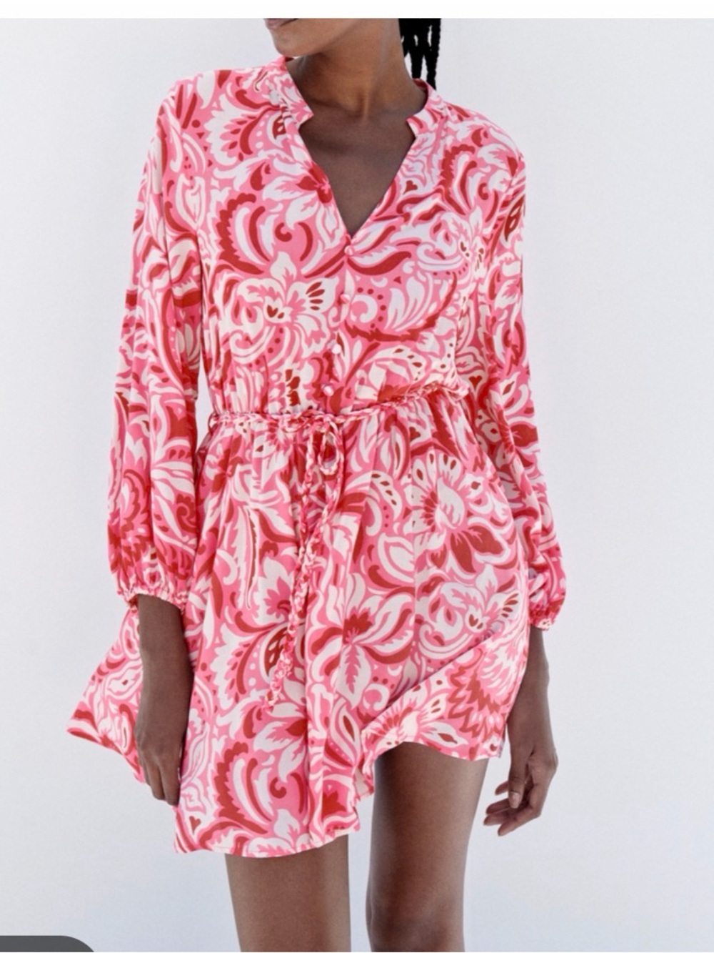 Zara Pink & White Floral Printed Mini Dress with Plaited Tie Belt Size XXL NWT